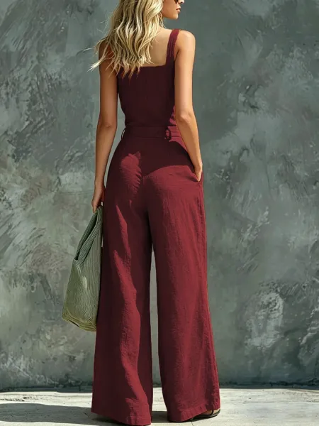 Design Wide-Leg Linen Jumpsuit Blue Clothing - 11