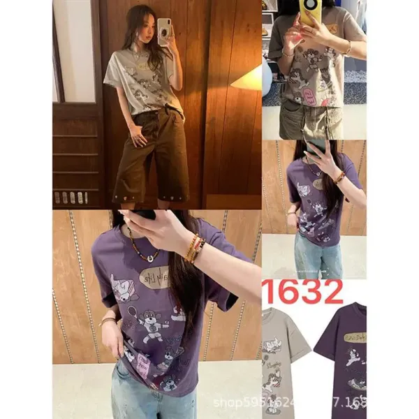 Design Cartoon Dog Print Purple Oversized T-Shirt Tops.t Shirts - 2