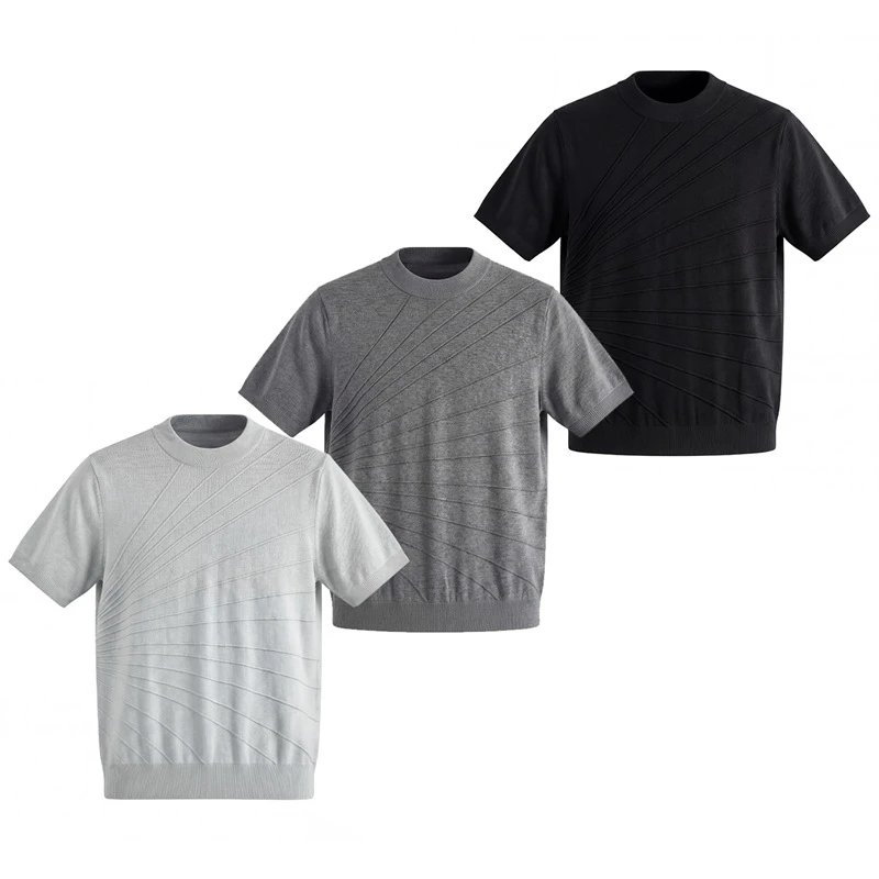 Design Short-Sleeve Knit Sweater in Light Gray with Diagonal Ribbed Texture - 4