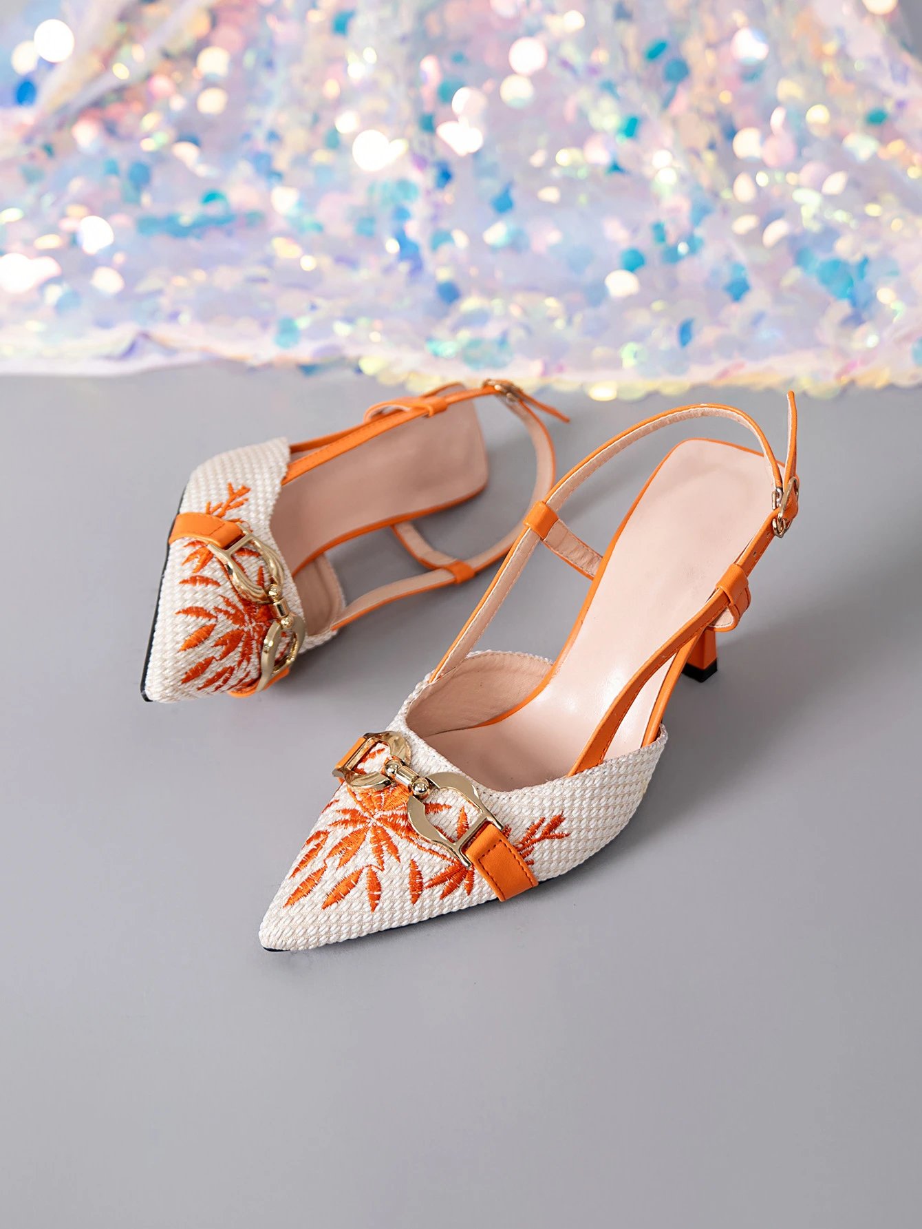 Design Woven Pointed-Toe Slingback Heels with Orange Embroidery and Gold Buckle - 8