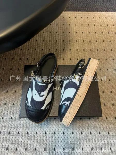 Chanel Mary Jane Espadrilles Navy and White Print Canvas Shoes Casual Shoes - 25