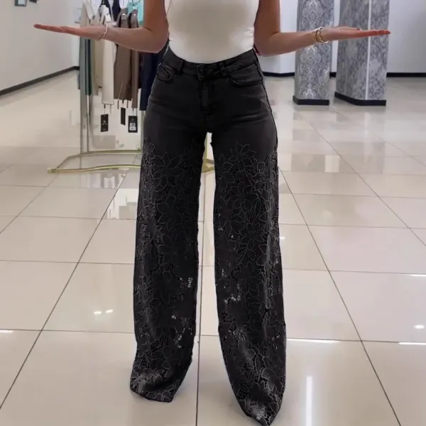 Design Lace-Embellished Wide-Leg Jeans Gray - 4