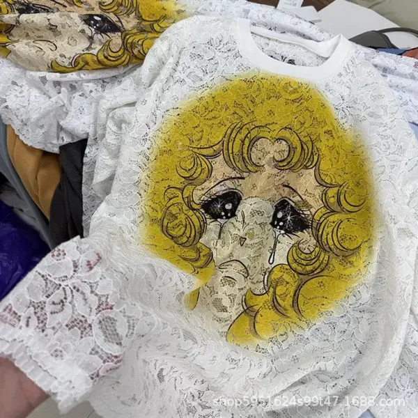 Design Lace Overlay Graphic Tee Yellow White T-Shirts - 2
