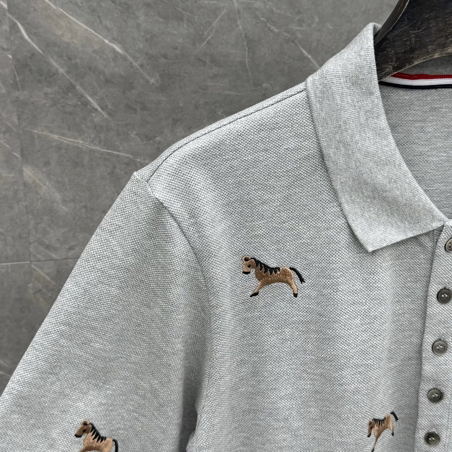 Thom Browne Horse-Embroidered Gray Piqué Polo Polo Shirt - 23