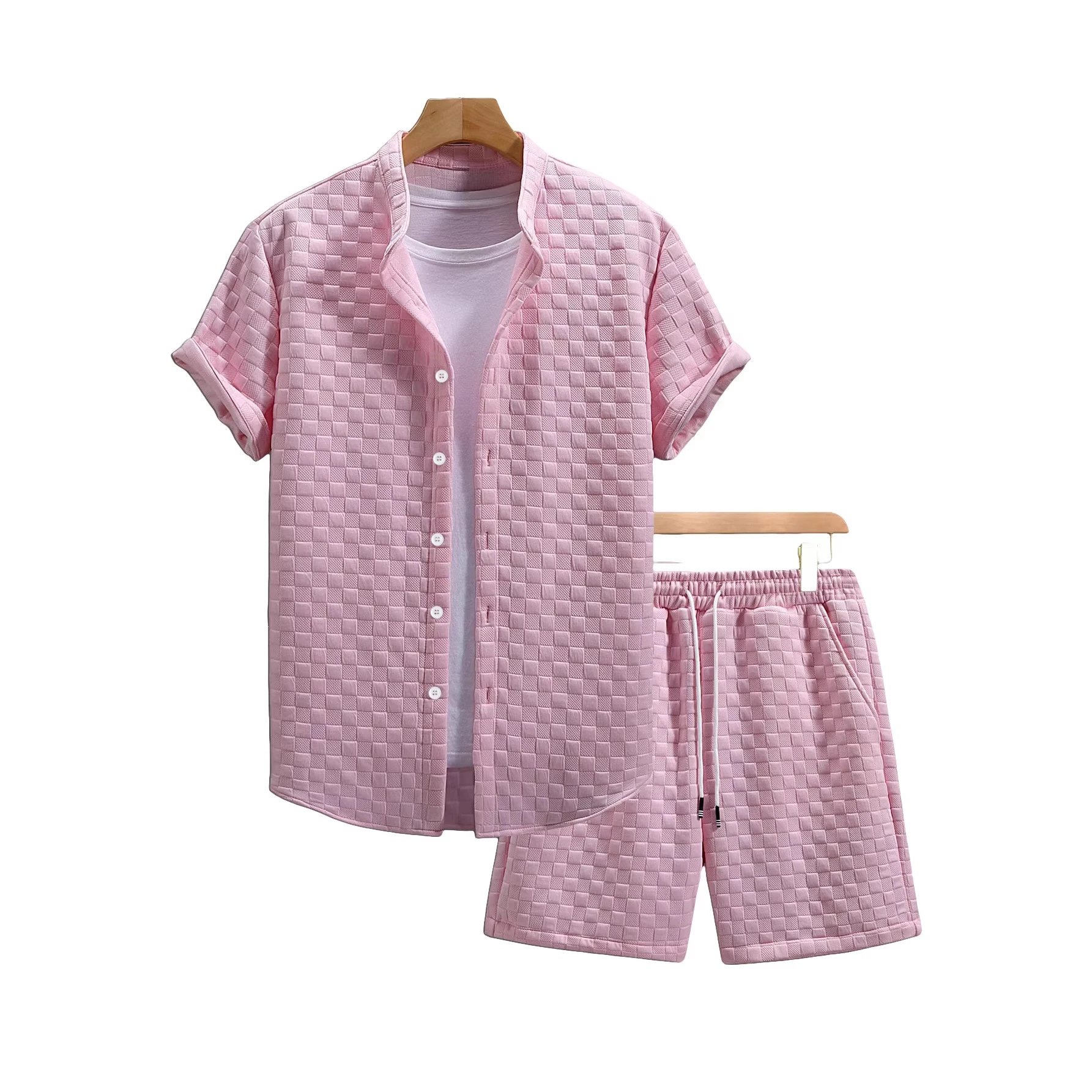 Men's Summer New Arrival Solid Waffle Knit Camp Collar Short Sleeve Shirt and Shorts Set