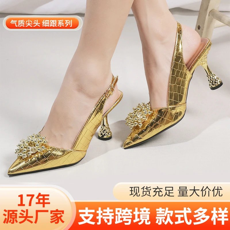 欧美时尚女鞋尖头细跟高跟单鞋后空鳄鱼皮纹凉鞋夏季女鞋凉鞋