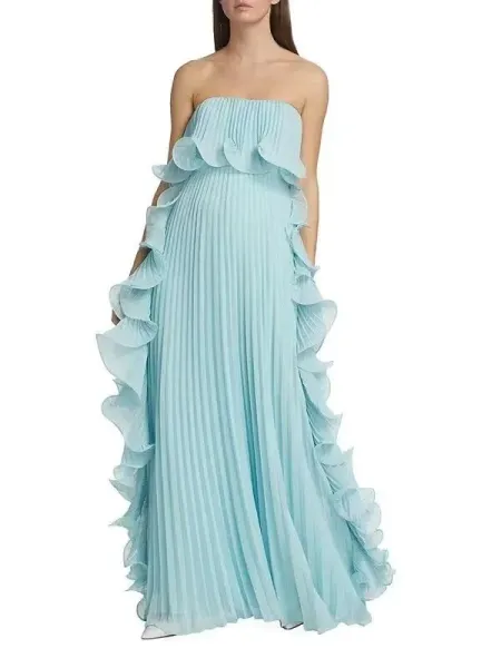 Design Yellow Pleated Ruffle Strapless Gown Dress - 8