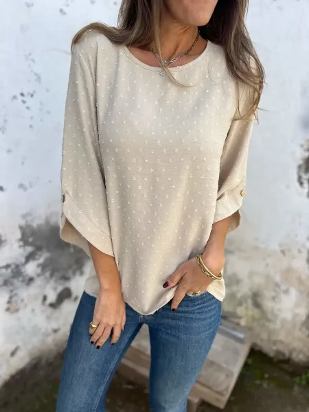 Design Textured Dot Black Oversized Top with Buttoned Cuff - 5
