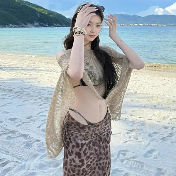 Design Olive Knit Poncho Top with Leopard Print Skirt Set Sets - 7