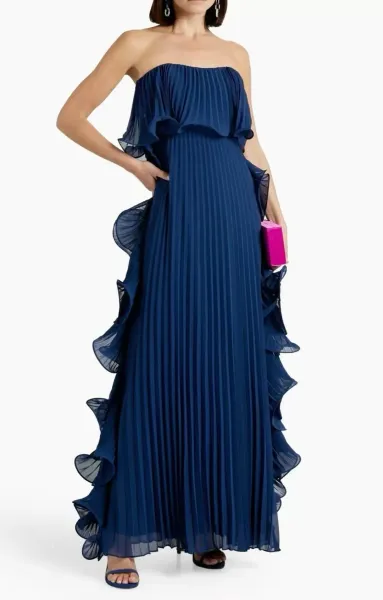 Design Yellow Pleated Ruffle Strapless Gown Dress - 10