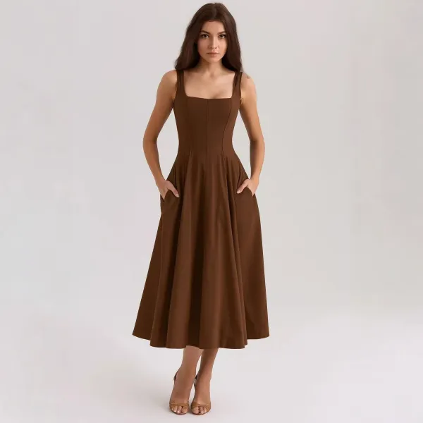 Design Square-Neck A-Line Midi Dress Brown - 1