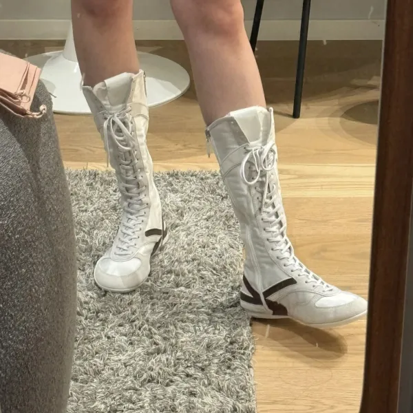 Design High-Top Lace-Up Combat Boots White with Burgundy Accents - 3