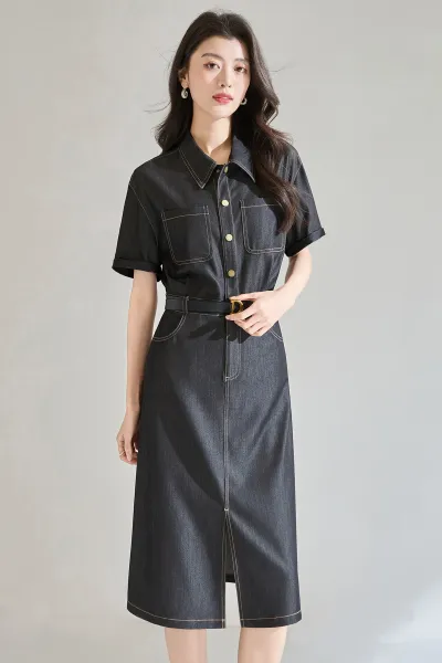 Design Denim Shirt Dress with Contrast Stitching and Belt Black Dress - 10