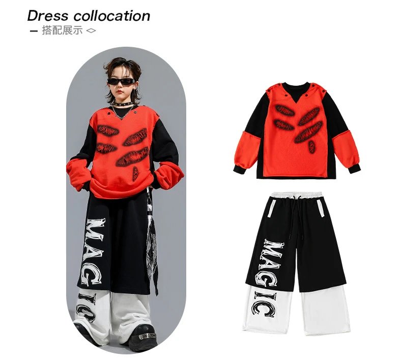 Design Distressed Mouth Print Color-Block Hoodie Red / Black - 4