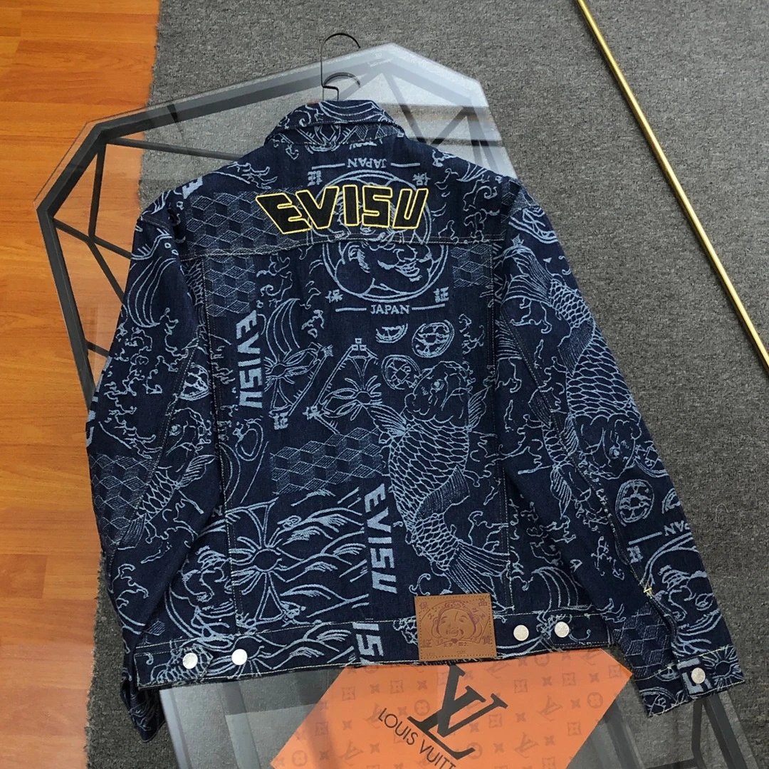 Evisu x Louis Vuitton Denim Jacket Navy Blue with Japanese Motif Print - 4