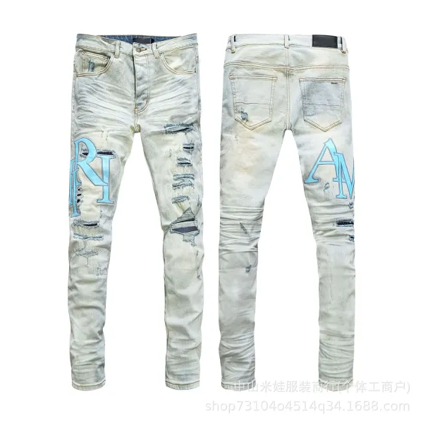 Amiri Script Logo Distressed Slim Fit Jeans Blue - 12