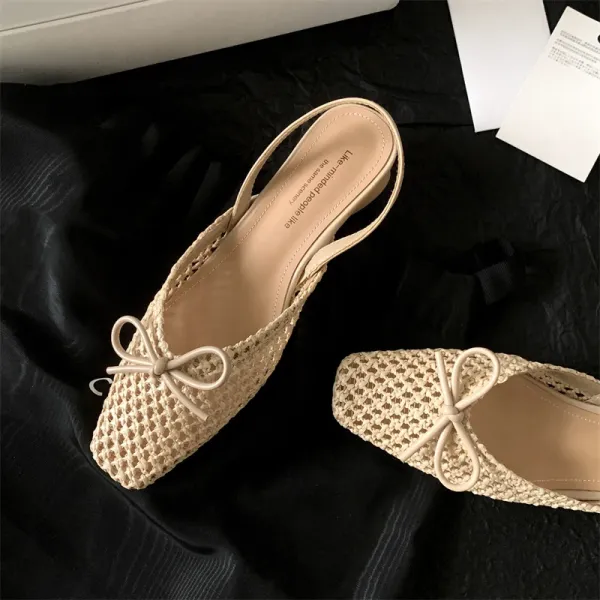 Design Woven Slingback Loafers with Bow Detail in Beige, Brown, and Black Loafers - 34