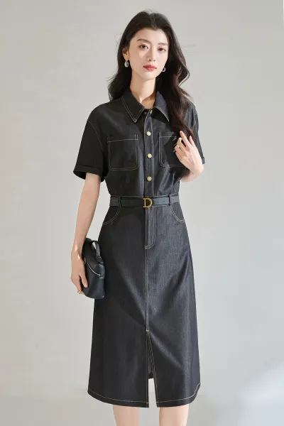 Design Denim Shirt Dress with Contrast Stitching and Belt Black Dress - 12