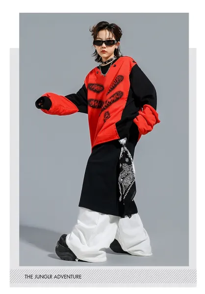 Design Distressed Mouth Print Color-Block Hoodie Red / Black - 12