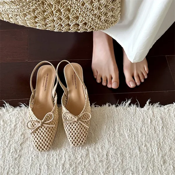 Design Woven Slingback Loafers with Bow Detail in Beige, Brown, and Black Loafers - 35