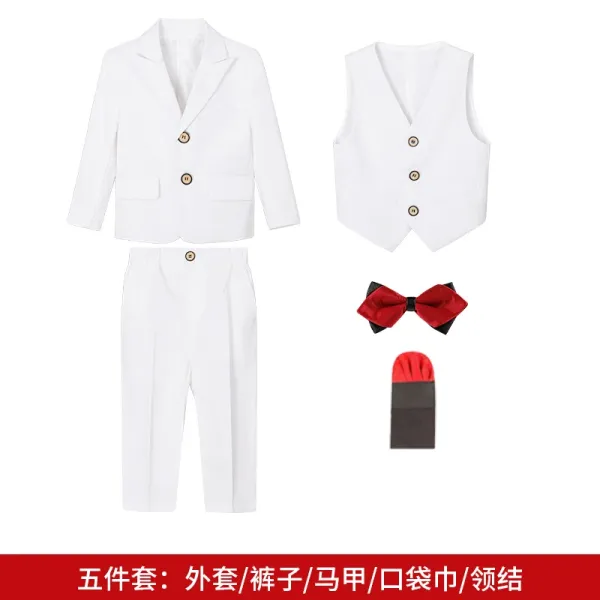 Design White Formal Five-Piece Suit Set with Red Bow Tie for Kids Suit Set - 1