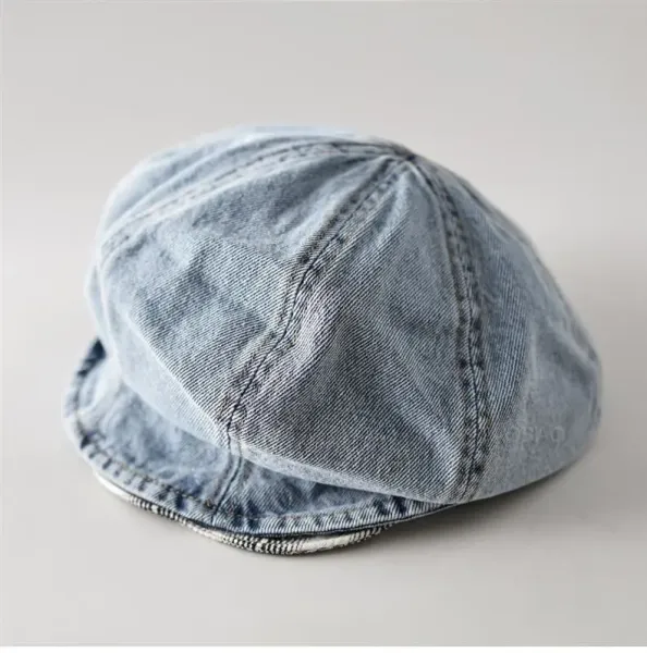 Design Denim Beret with Plaid Lining and Embroidered Logo Hat Hats - 7
