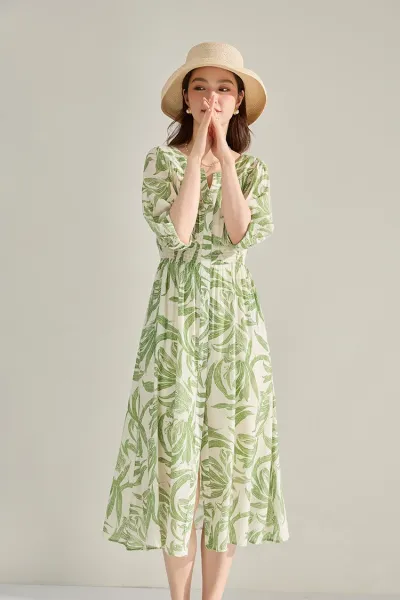 Design Leaf Print V-Neck Midi Dress in Green and Cream - 12