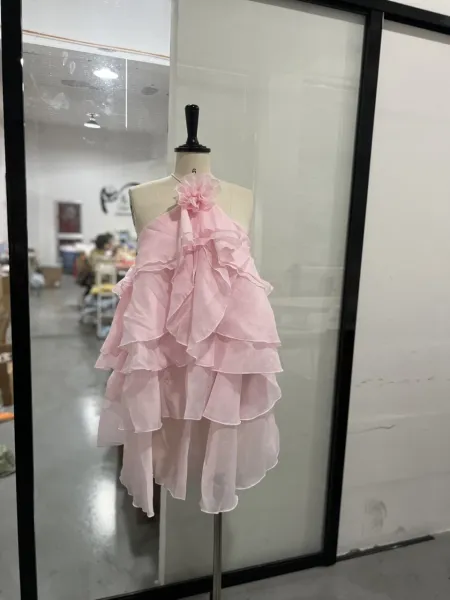 Design Ruffled Halter Neck Tiered Dress in Coral Pink Dress - 14
