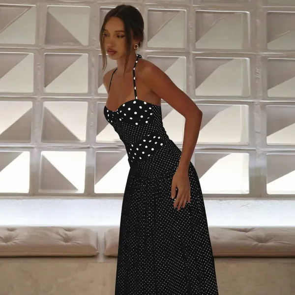 Design Polka Dot Wrap Maxi Dress Beige - 26