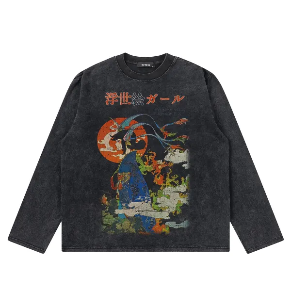 Design NOTSEXx Ukiyo-e Girl Washed Black Long Sleeve T-Shirt T-Shirts - 1