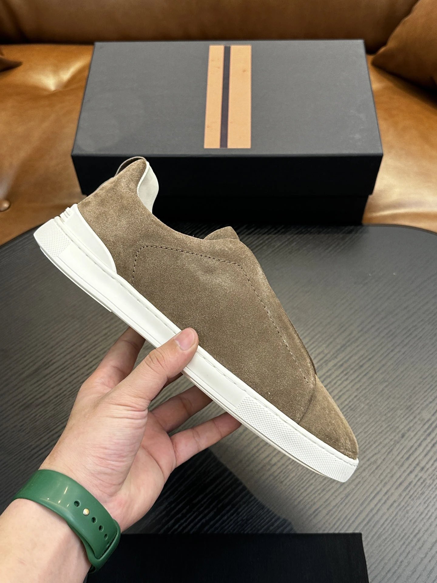 Thom Browne Suede Slip-On Loafers Beige White Casual Shoes - 7