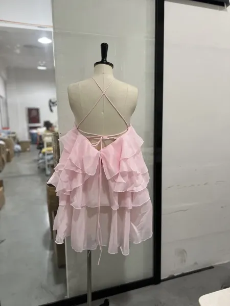 Design Ruffled Halter Neck Tiered Dress in Coral Pink Dress - 15