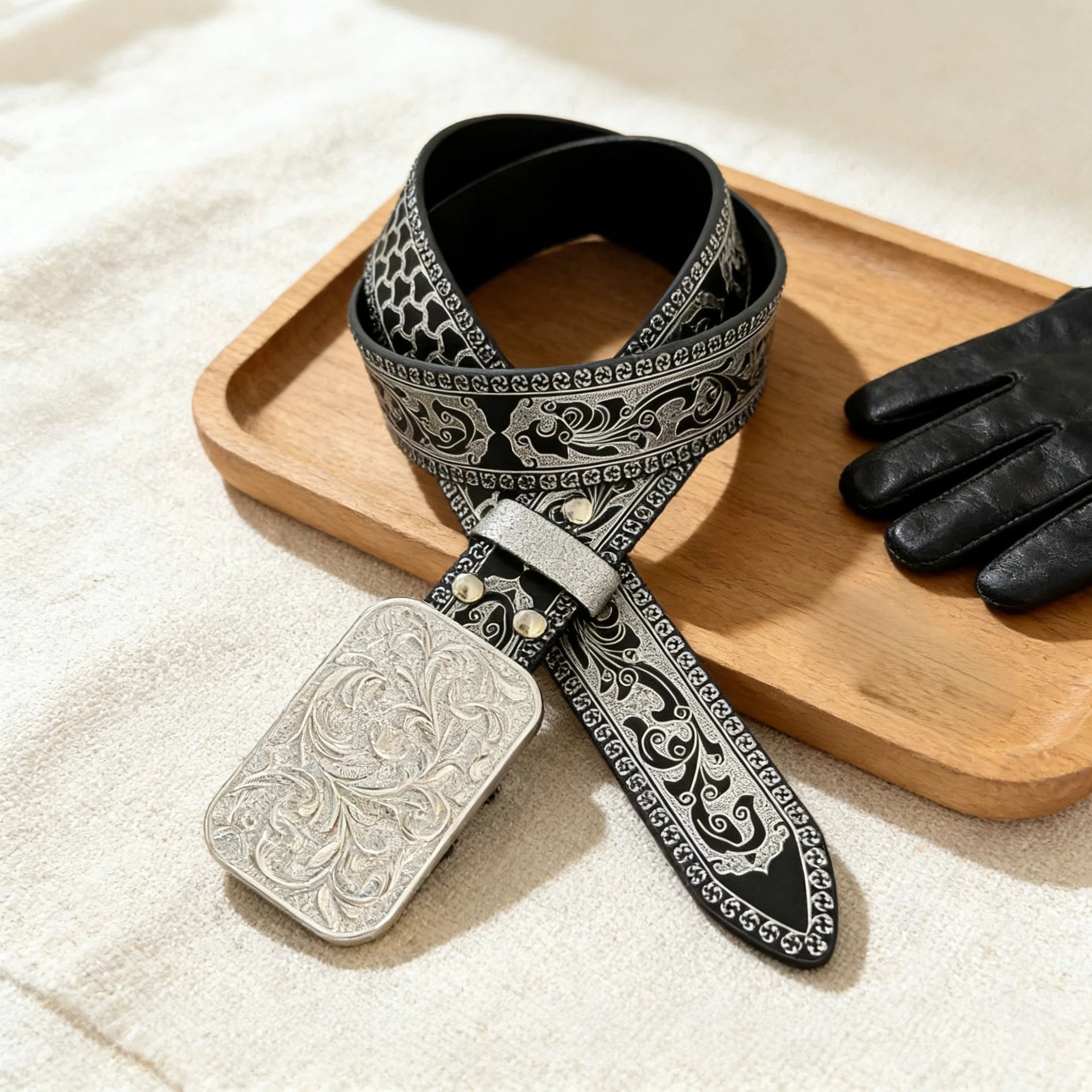Design Ornate Silver-Embossed Black Leather Belt with Floral Filigree Buckle Belts