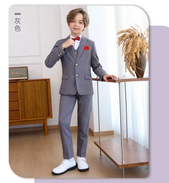 Design Six-Piece Formal Suit Set Gray with White Shirt and Red Bow Tie - 20