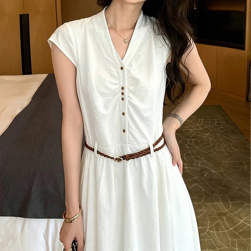 White Linen Blend V-Neck Button-Front Midi Dress with Braided Belt