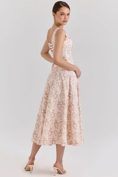 Design Floral Corset Midi Dress Beige Pink - 7
