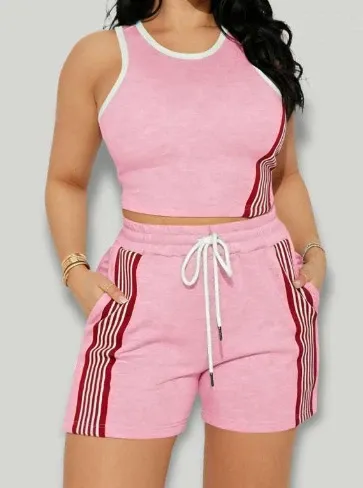 Design Cropped Tank Top and Stripe-Trimmed Shorts Set Black - 10