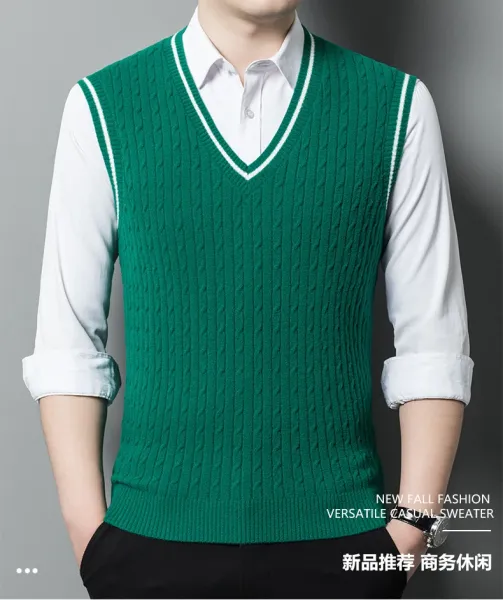 Design Cable Knit V-Neck Vest Green Vest Top - 2