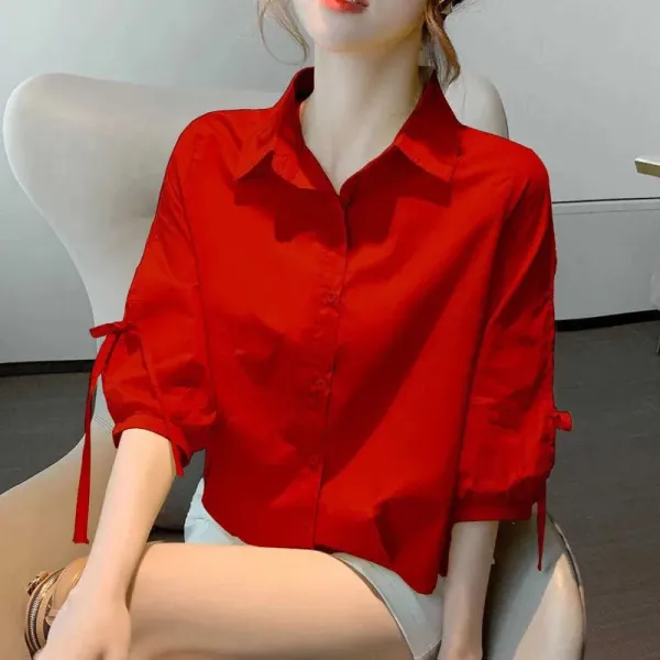 Design Bow-Sleeve Button-Up Shirt White Tops Shirt - 10