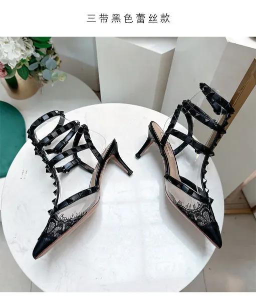 Valentino Rockstud Lace-Trimmed Strappy Stiletto Heels Black - 10