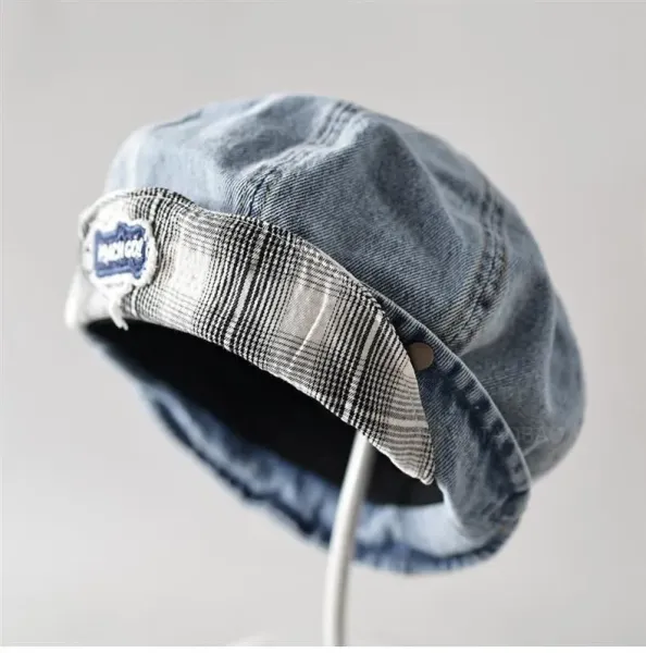 Design Denim Beret with Plaid Lining and Embroidered Logo Hat Hats - 12