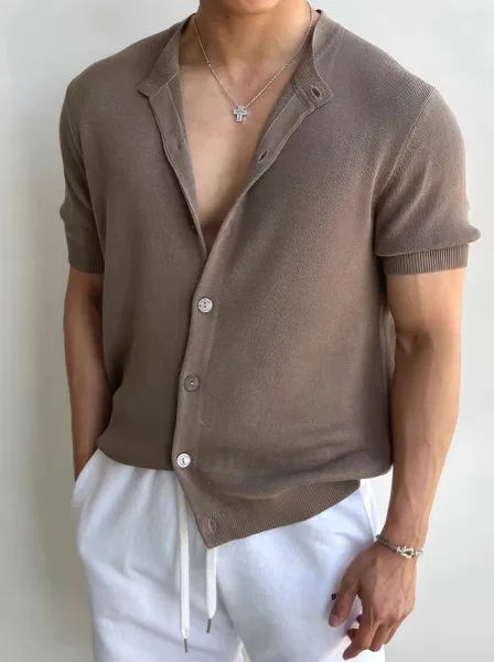 Design Short-Sleeve Knit Button-Up Beige Sweater Tops.sweater - 10