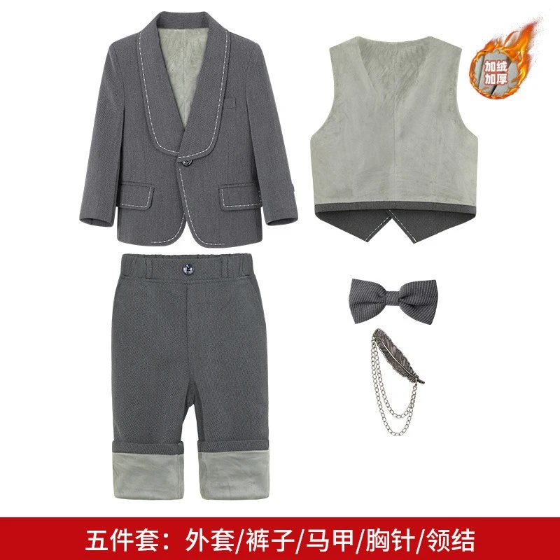 灰色加绒5件套（外套+马甲+长裤+领结+胸针）