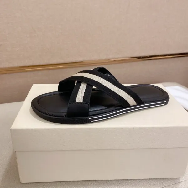 Design Striped Cross-Strap Slide Sandals Black Beige Slippers - 1