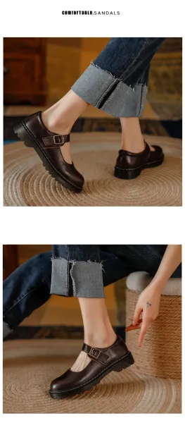 Design Mary Jane Shoes Brown Leather with Buckle Strap - 12