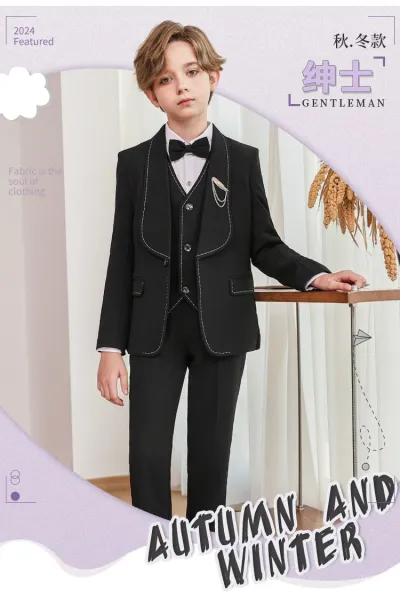 Design Formal Six-Piece Suit Set Black Burgundy Kids - 3