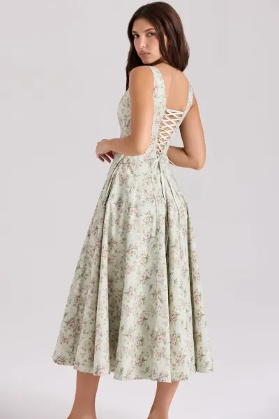 Design Floral Corset Midi Dress Beige Pink - 24