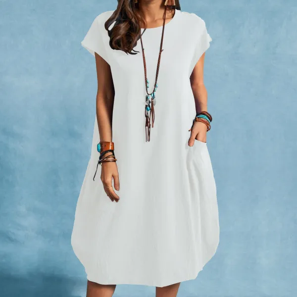 Design Loose Fit Linen Blend Tunic Dress White - 3