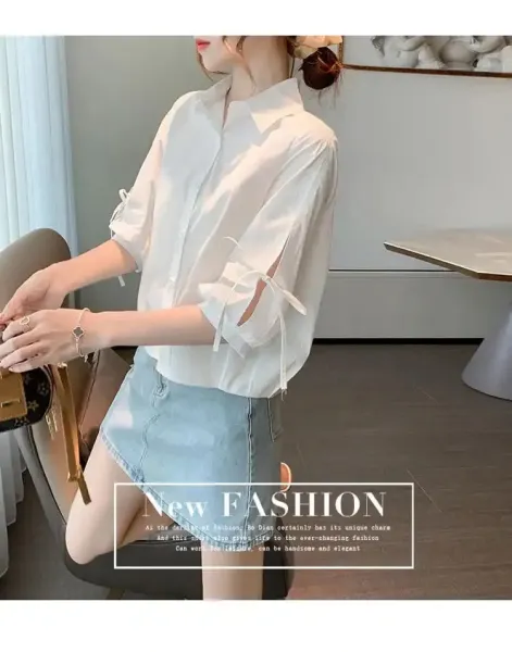 Design Bow-Sleeve Button-Up Shirt White Tops Shirt - 16