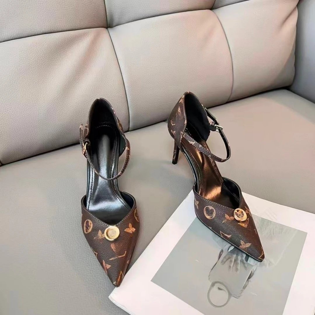 Monogram Print Brown Black Pointed Toe Ankle Strap Heels